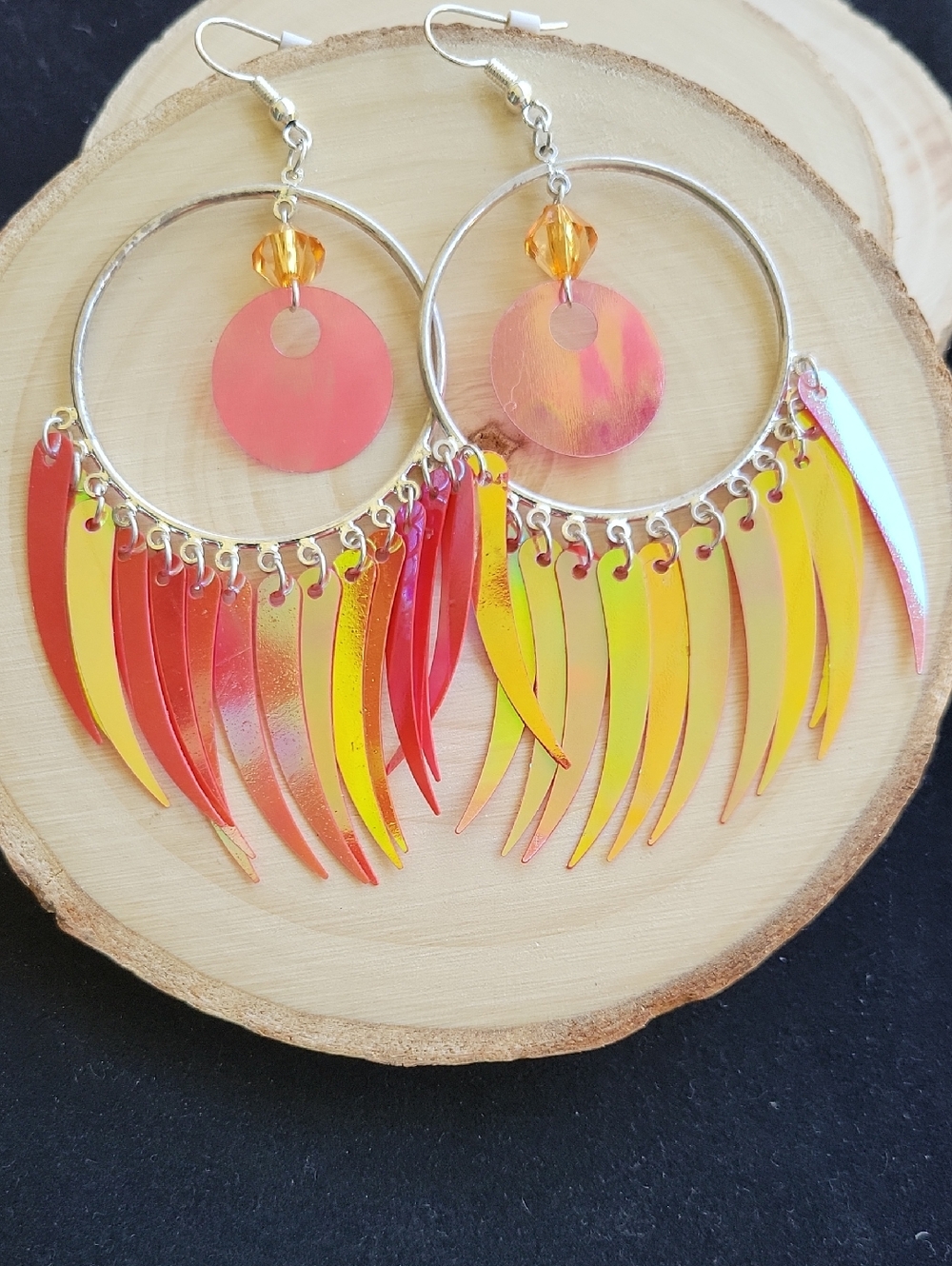 Irridescent Fringe Hoop Earrings Red Orange Yellow Lightweight NWT Festival